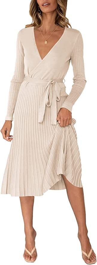 Amazon.com: Wrap Sweater Dress Women Long Sleeve V Neck Pleated Frill Elegant Formal Dresses Apri... | Amazon (US)