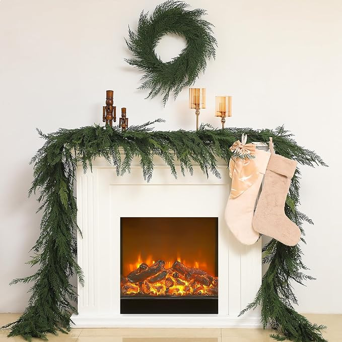 Jutom 1 PCS 9 ft Christmas Cedar Garland - Green Artificial Realistic Cedar Garland Faux Decorati... | Amazon (US)