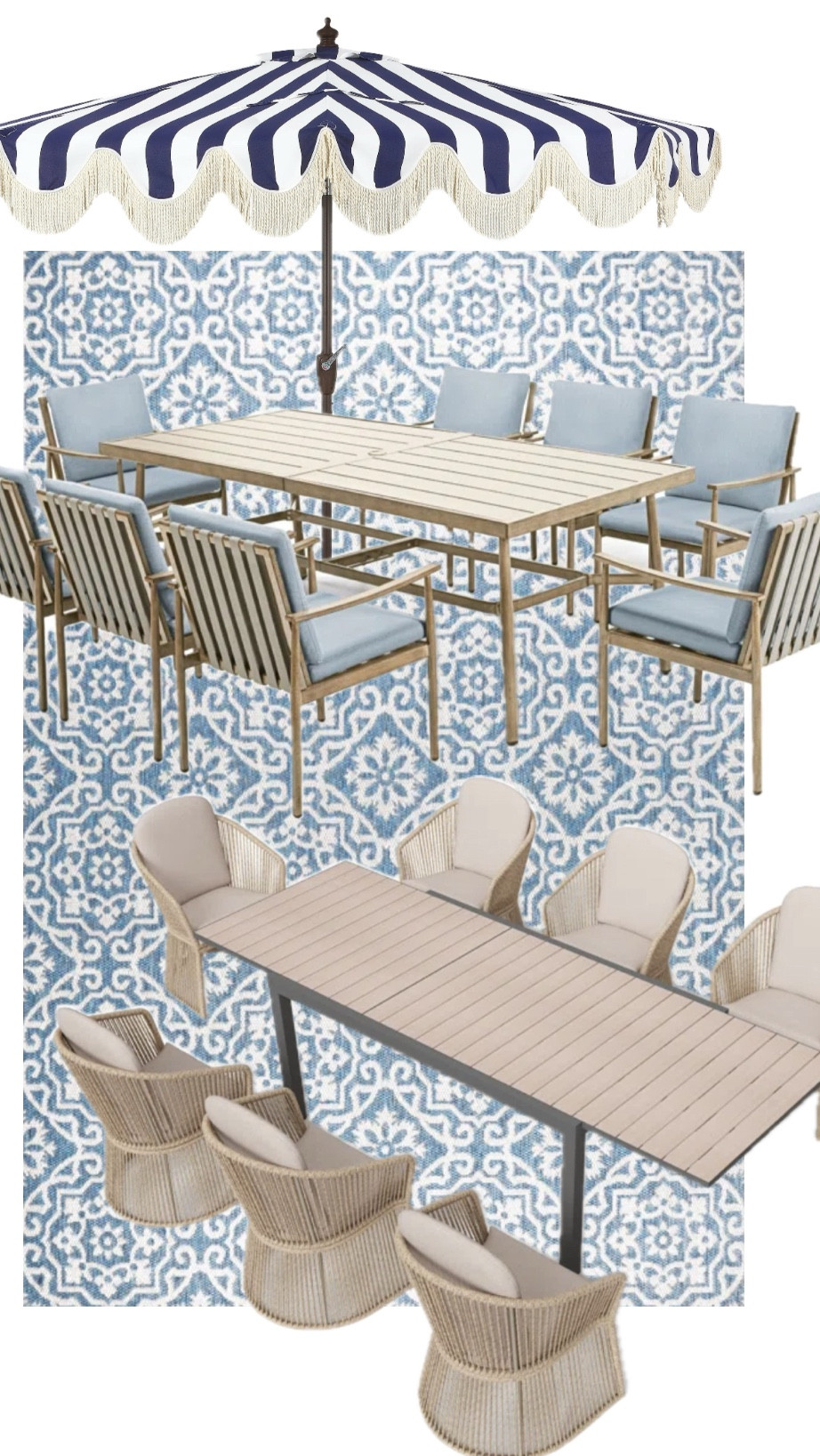 Outdoor rug, umbrella, both patio sets