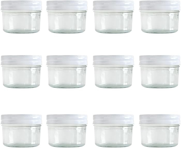 4oz Mason Jar Canning Jar with Regular Mouth, Silver Single Piece Lid, Pack of 12 (White) | Amazon (US)