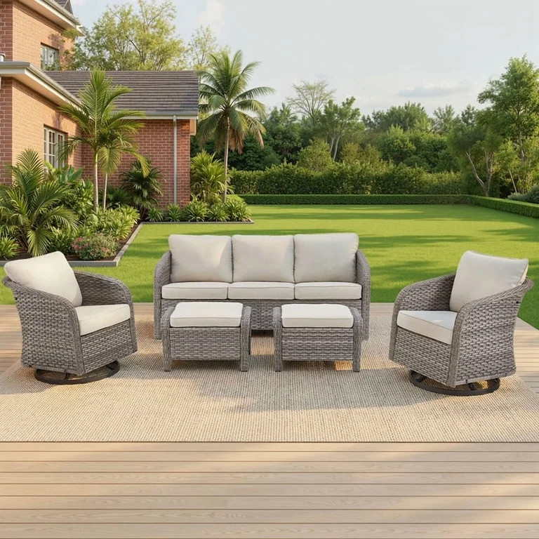 Opohoro 5 Pieces Outdoor Conversation Set with Sofa and Ottomans, Gray PE Rattan Patio Furniture ... | Walmart (US)