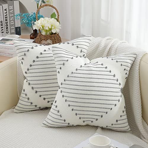 Mecatny Boho Throw Pillow Covers Grey and Cream White Pillow Covers 18X18 Set of 2 Farmhouse Deco... | Amazon (US)
