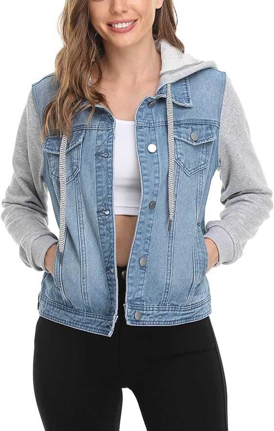 MISS MOLY Women's Hooded Jean Jacket Washed Long Sleeve Hoodie Denim Jacket w 2 Pockets | Amazon (US)