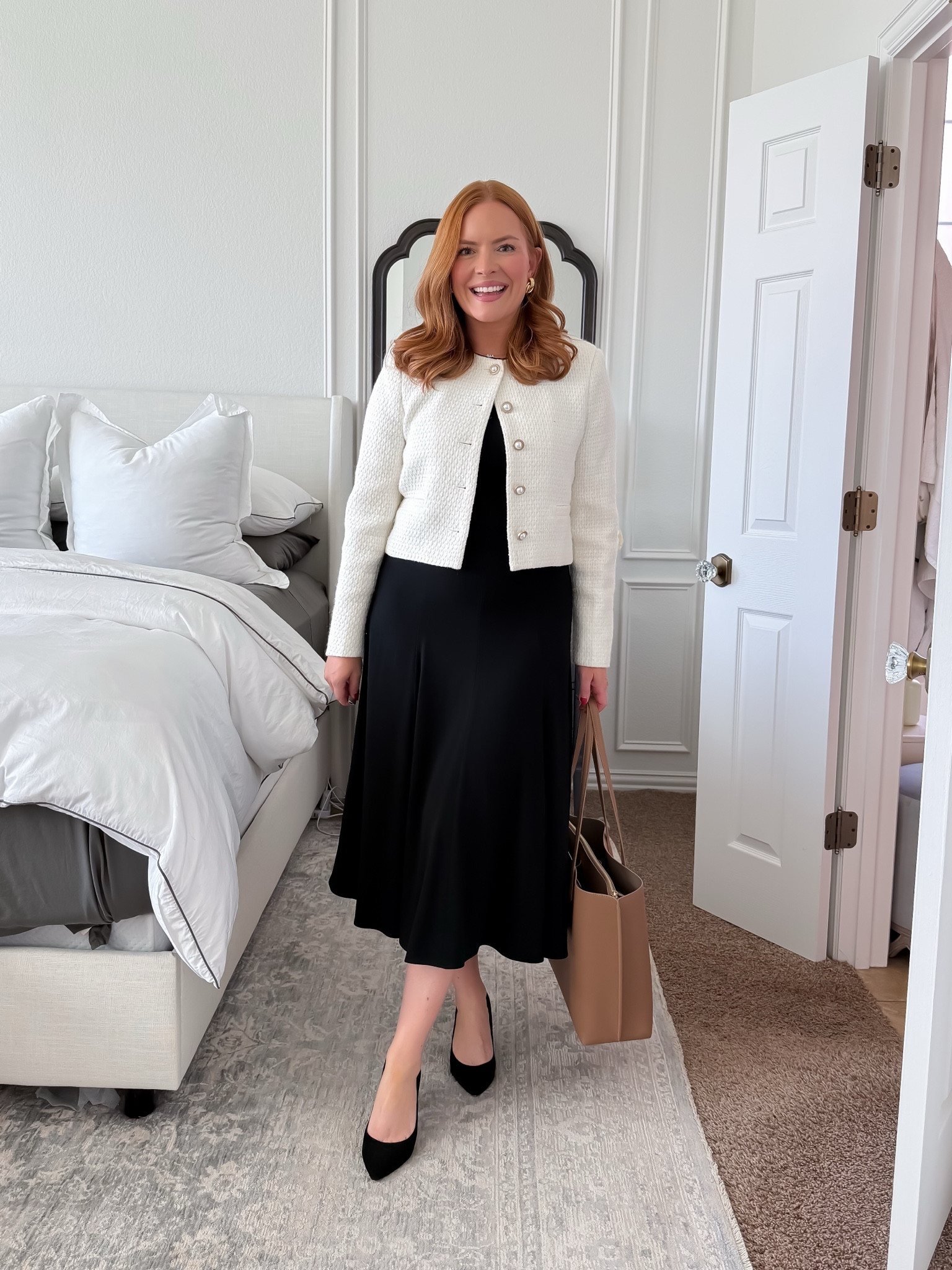 Polished feminine office outfit for leadership meetings or networking events.

The lady jacket + midi black dress combination feels elevated and timeless. Easy to mix and match with other neutrals in a capsule wardrobe.

Sizing:
Jacket – size S (structured fit)
Dress – size M (elastic waist, very comfortable)
Heels – TTS

Perfect for: corporate meetings, conference outfits, networking events, dressy office days.

#corporatestyle #midioutfit #ladylike #officechic #professionalstyle #timelessfashion

#LTKWorkwear #LTKmomlife #LTKdayinmylife
