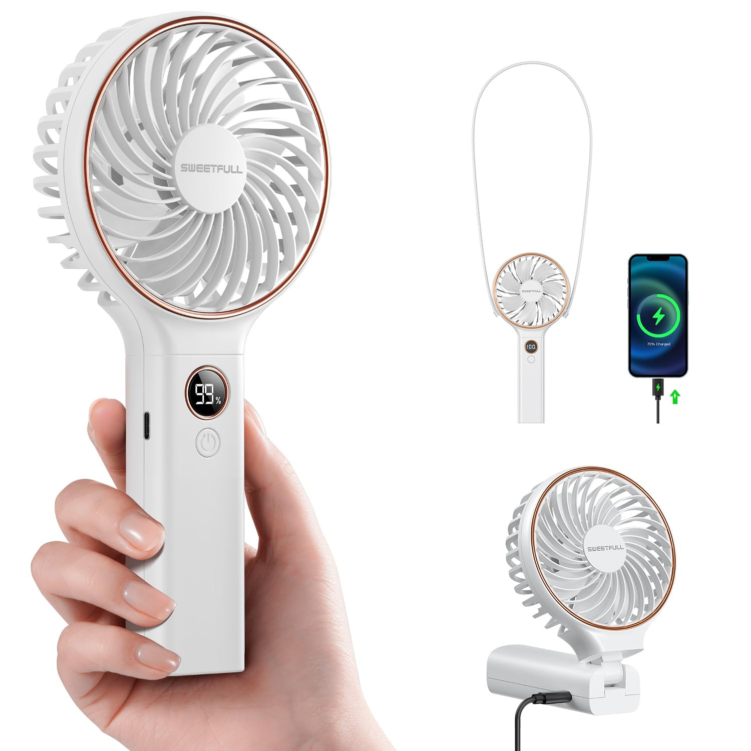 SWEETFULL Handheld Portable Fan, 5000mAh Rechargeable Battery, 6 Speed Wind, LED Digital Display,... | Amazon (US)