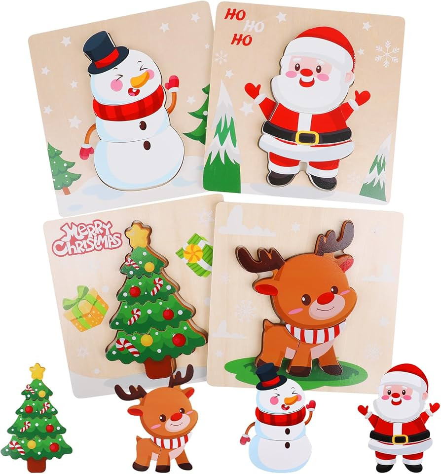 CCINEE 4 Pack Christmas Wooden Puzzles for Kids, Xmas Wooden Jigsaw Puzzles Montessori Toys for X... | Amazon (US)