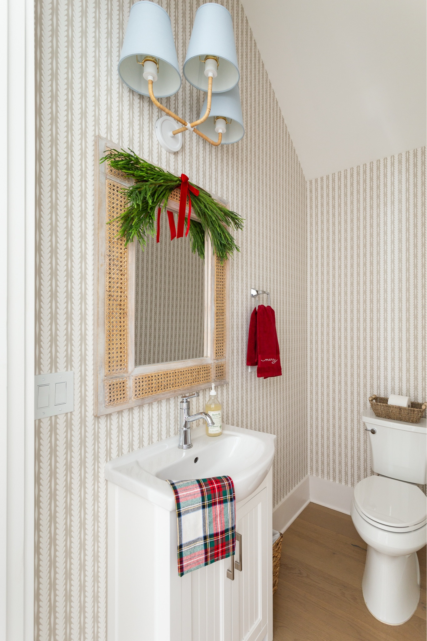 Our coastal powder bath decorated for Christmas! We recently just wallpapered our powder bath in this gorgeous Serena & Lily wallpaper, so for Christmas, I want added a a simple evergreen swag with greenery, red plaid hand towel, Merry towel, fir and grapefruit handsoap, a and red velvet bows! See all of my 2024 Christmas design plans here: https://lifeonvirginiastreet.com/2024-christmas-design-boards/ #ltkholiday #ltkhome #ltksalealert #ltkfindsunder50 #ltkfindsunder100 #ltkstyletip #ltkseasonal 


#LTKHoliday #LTKSaleAlert #LTKHome