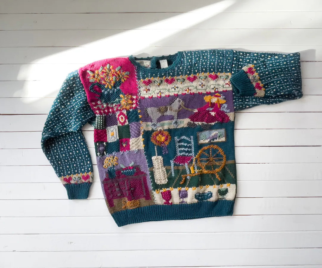 Cute Cottagecore Sweater 80s 90s Vintage Orvis Antique Store Novelty Granny Embroidered Sweater -... | Etsy (US)