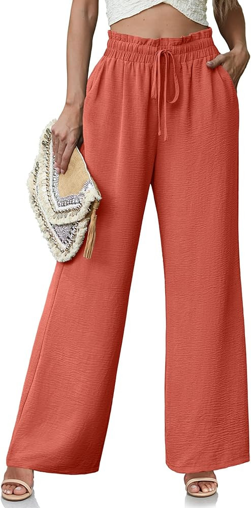 Women's High Waisted Wide Leg Pants Flowy Palazzo Pants Work Casual Tie Knot Pants with Pockets | Amazon (US)