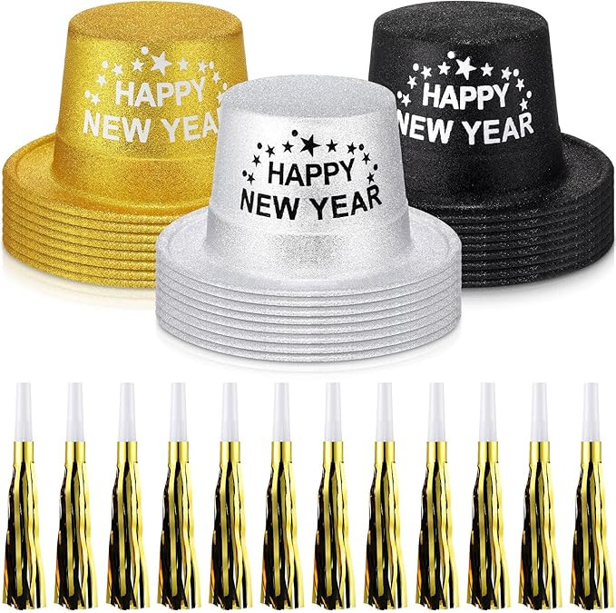 Poen 48 Pcs New Years 2026 Eve Party Supplies Included 24 Plastic Glitter Hats 24 Metallic Fringe... | Amazon (US)