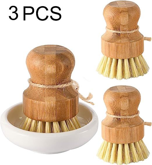 Bamboo Dish Scrub Brushes by Subekyu, Kitchen Wooden Cleaning Scrubbers Set for Washing Cast Iron... | Amazon (US)