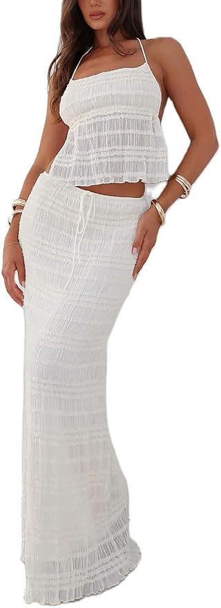 Women Y2k 2 Piece Outfits Lace Tie Up Halter Neck Cami Tops Pleated Maxi Flowy Skirt Summer Beach... | Amazon (US)