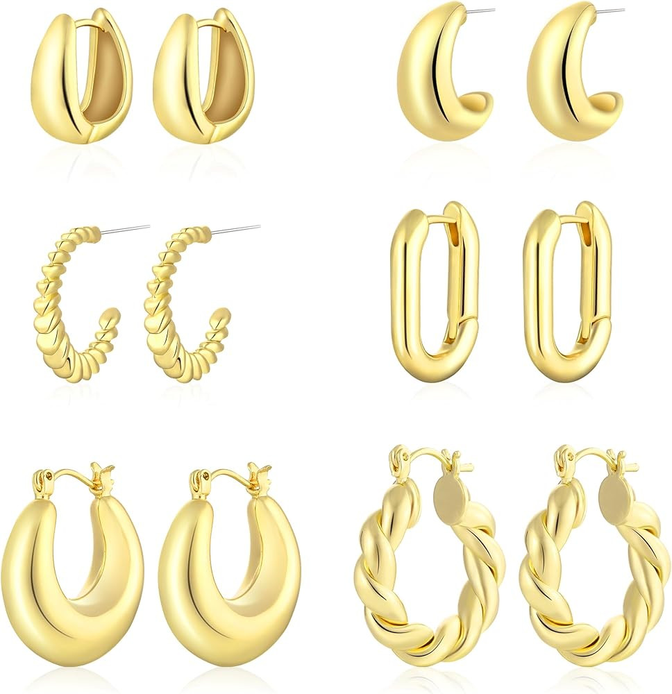 6 Pairs 14K Gold Plated Hoop Earrings for Women Trendy Chunky Lightweight Hoop Earrings Multipack... | Amazon (US)