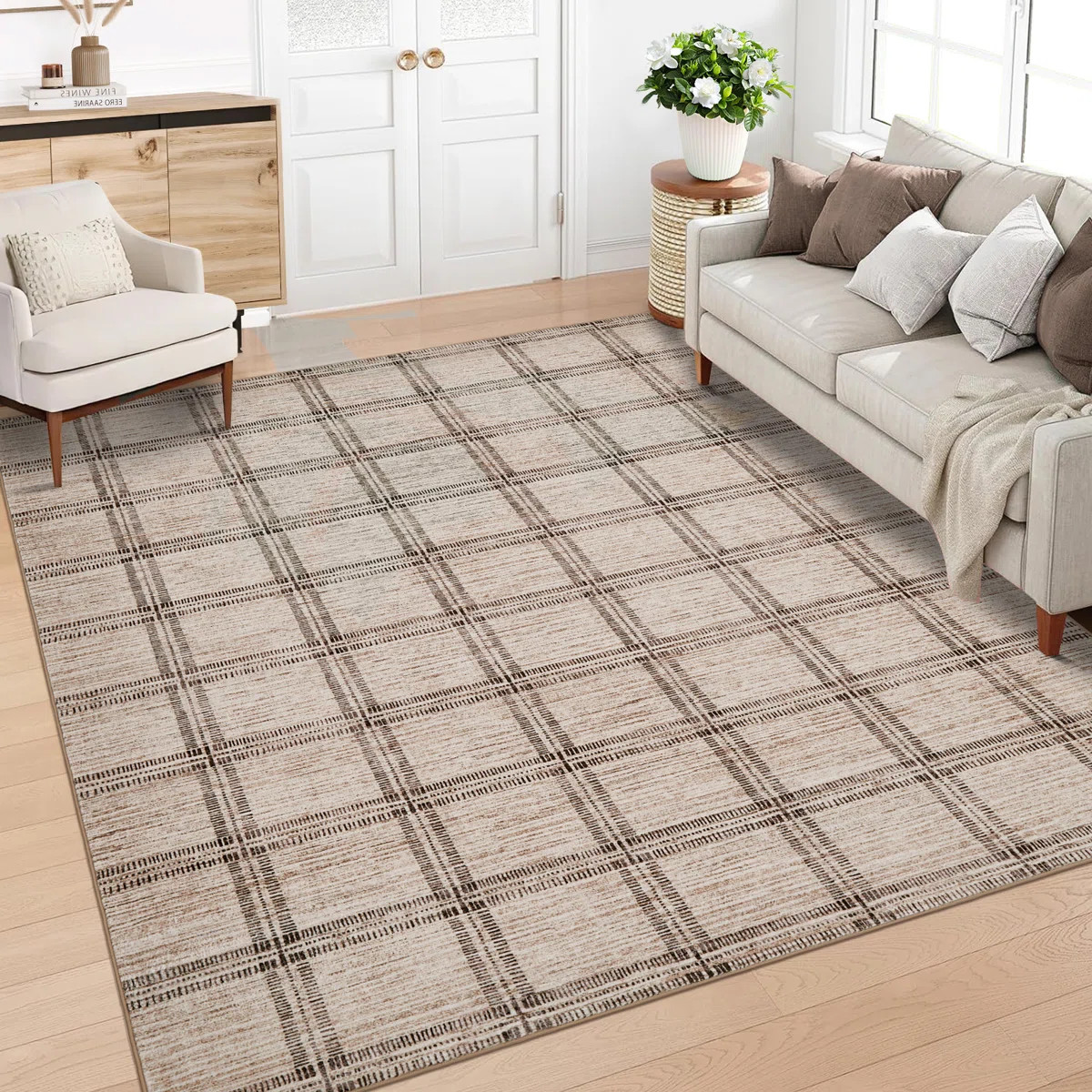 Washable Modern Rug Soft Plaid Carpet with Non-Slip Backing, Stain-Resistant Low Pile Floor Mats,... | Wayfair North America