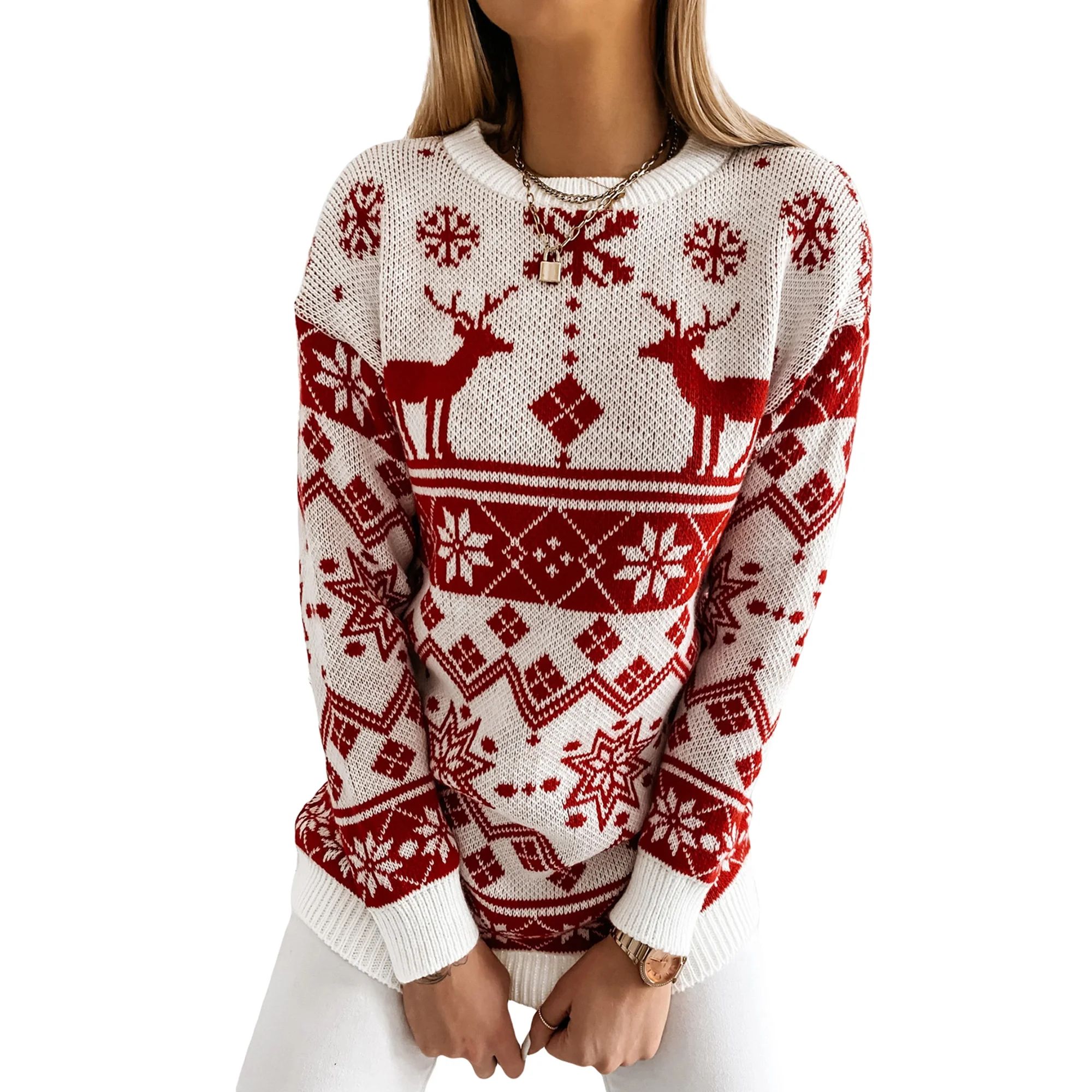 Christmas Women Sweaters O-neck Pullover Tops Casual Long Sleeve Knitted Xmas Sweater Fall Winter | Walmart (US)