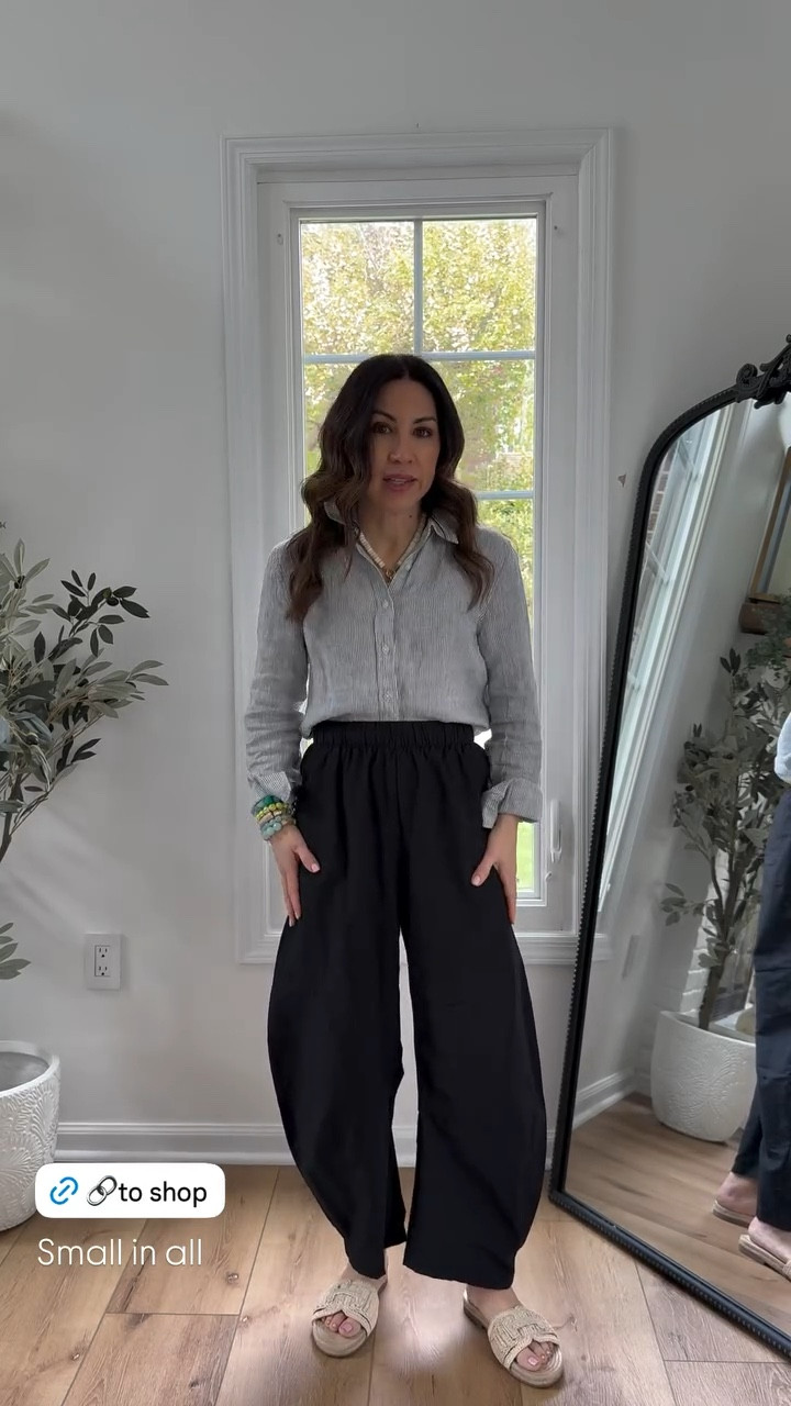 Small barrel pants. Small linen, button-down shirt. Sandals TTS. 

#LTKOver40 #LTKPetite