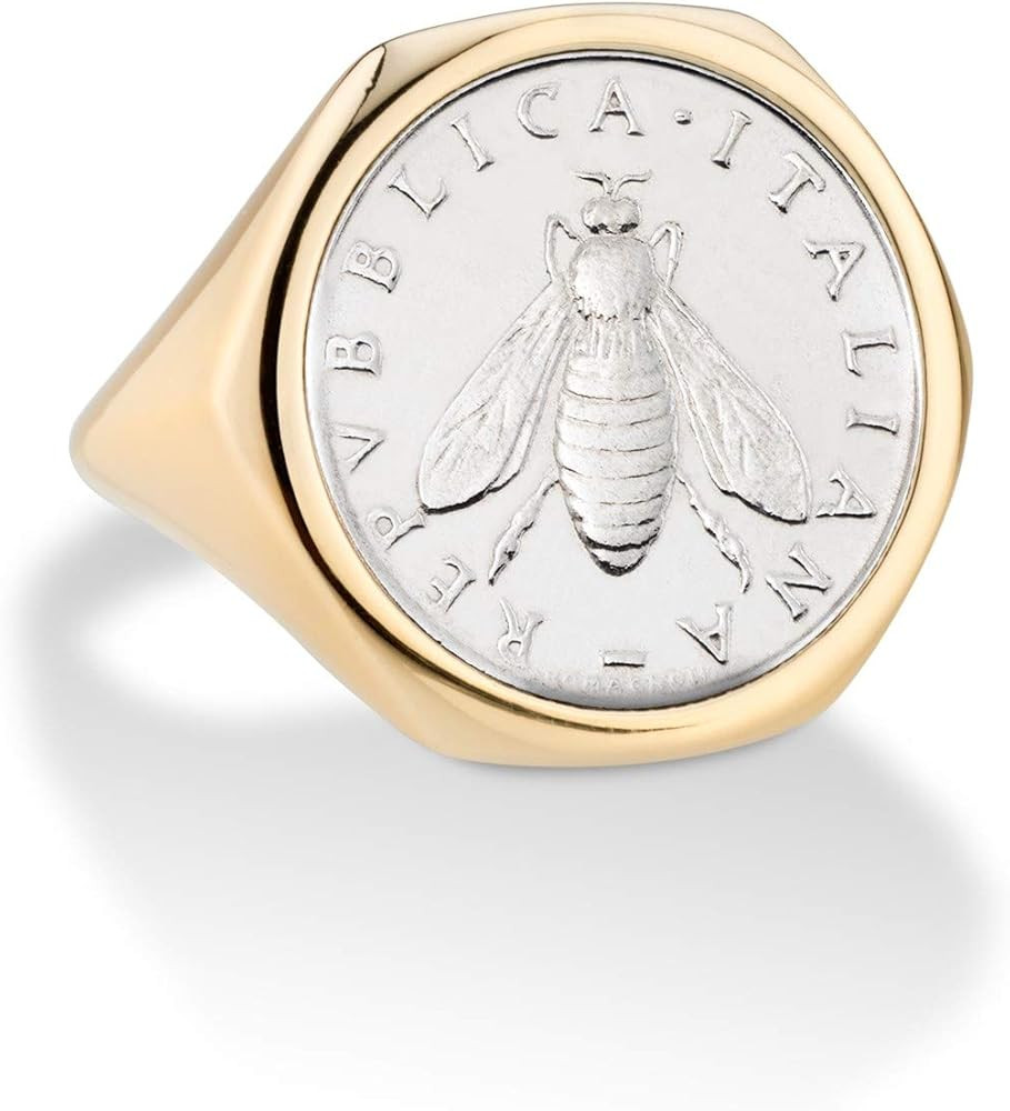 Miabella 18K Gold Over Sterling Silver Genuine Italian 2-Lira Bee Coin Retro Signet Ring for Wome... | Amazon (US)