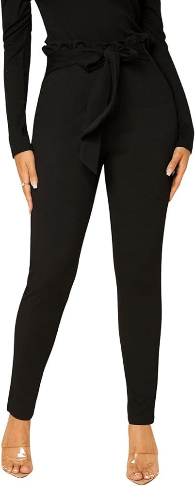 SweatyRocks Women's High Waist Skinny Pants Tie Front Belted Work Trousers | Amazon (CA)