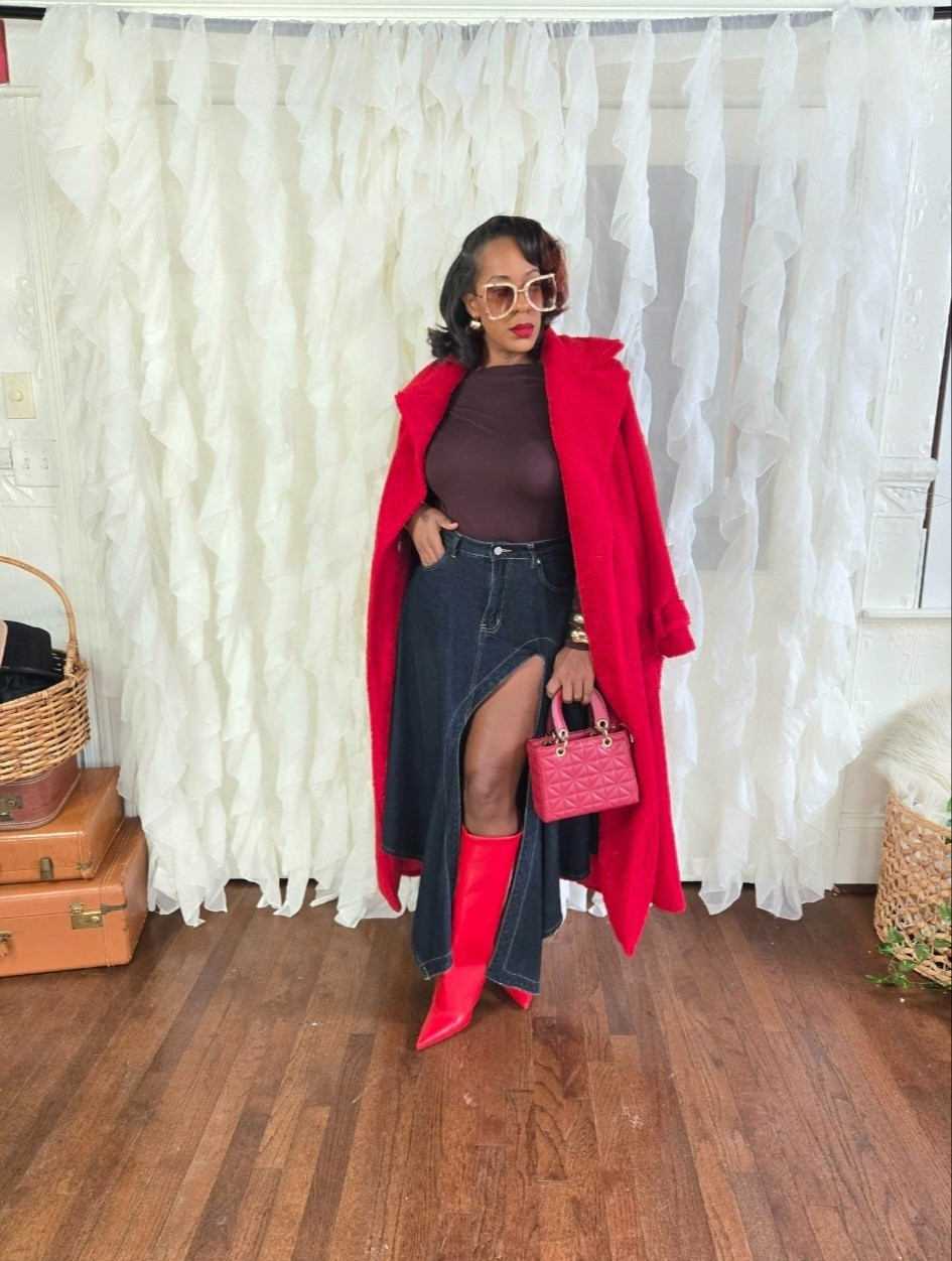Holiday Denim Skirt LookDefine Nice...🎁🎁🎁And yes, I'm absolutely gonna put myself under the Christmas tree this year because I am what? THE GIFT!Coat: @prettylittlethingTop: @hmSkirt: @sheinofficial Boots: @macys Bougie lil Holiday look linked in my stories and LTK!#dressingover40 #bougieholidaylook #holidaylooks #holidayoutfits #holidaystyle 

#LTKHoliday #LTKootd #LTKgrwm