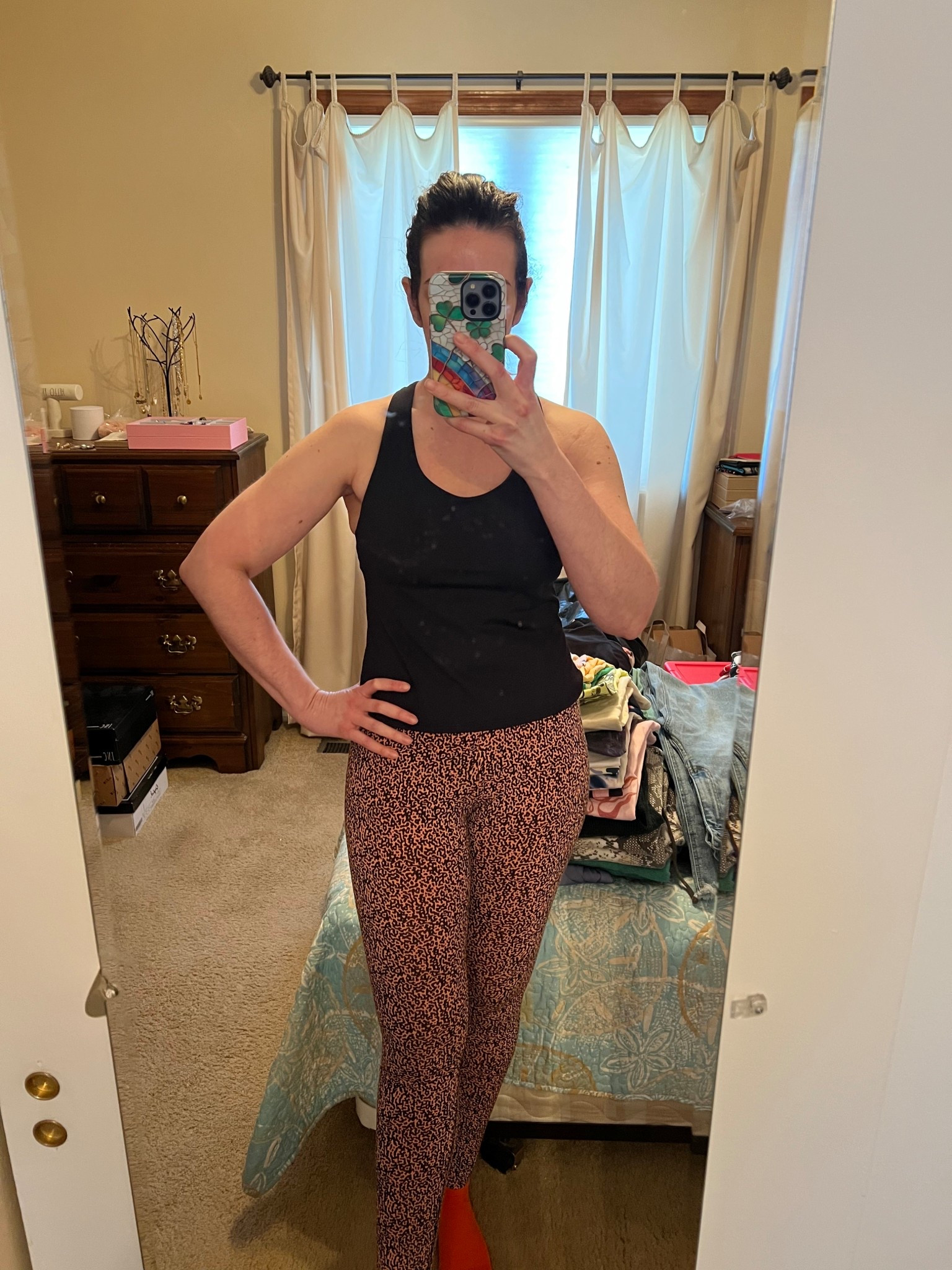 Black workout top (m). Orange leopard workout leggings (s). #workouttop #blackworkouttop #blacktop #leggings #workoutleggings #leopardleggings #fitnessgear #activewear @Nike US @TJ Maxx 

#LTKActive #LTKootd #LTKfitnessgoals