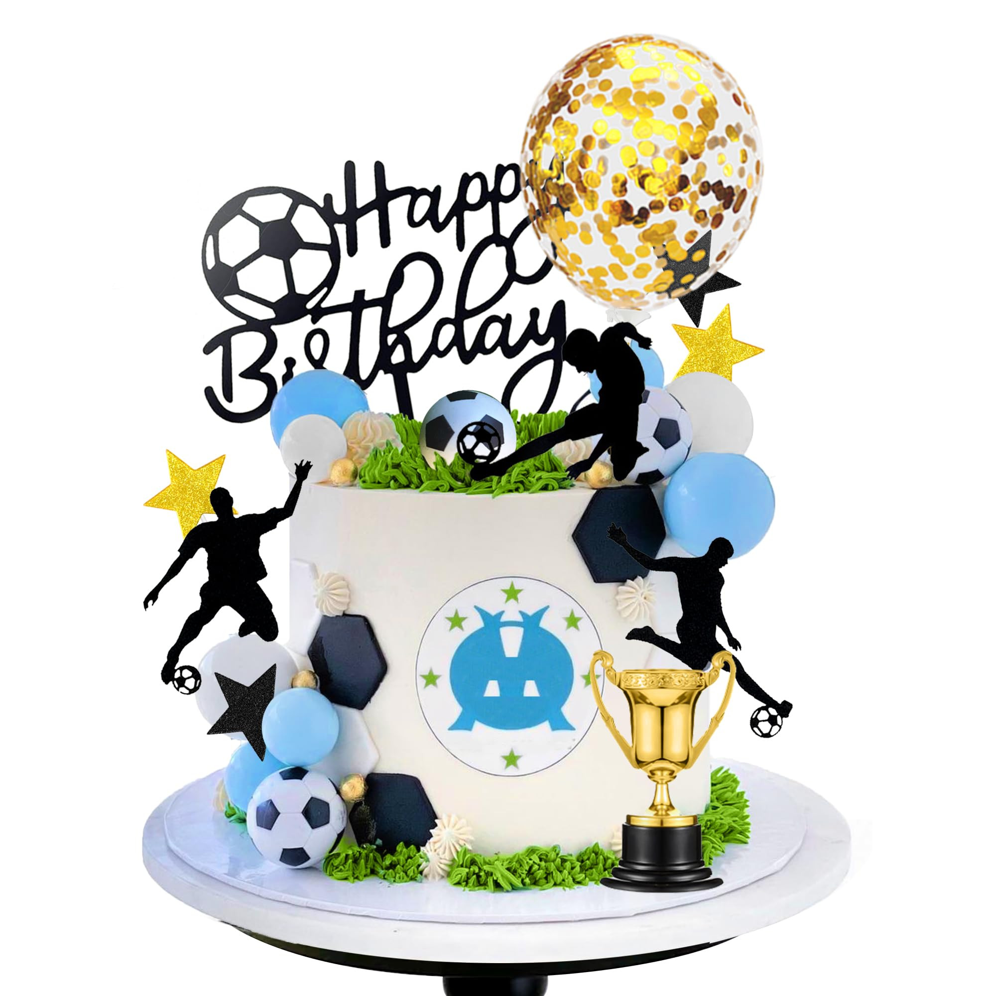 DRWATE Soccer Cake Topper Decorations - Ball Trophy Cake Decorations For Soccer Birthday Party Football Sport Party Supplies (Blue) | Amazon (US)