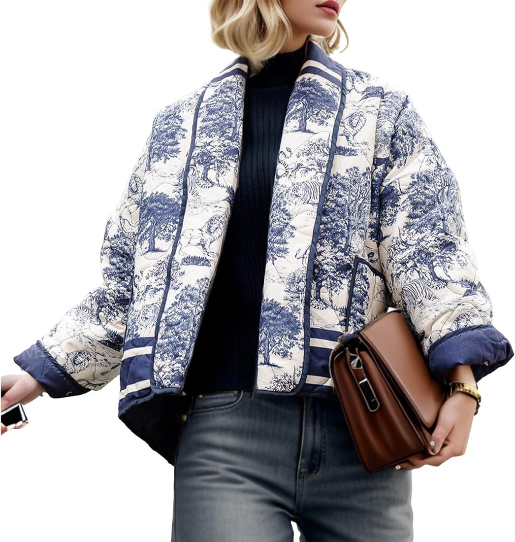 Duyang Women's Cropped Puffer Jacket Lightweight Floral Printed Open Front Quilted Coat Winter Wa... | Amazon (US)