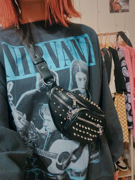 Oversized Nirvana sweatshirt
studded Fanny pack (Amazon find for under $30)

#LTKFind