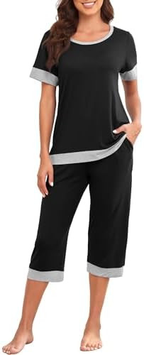 PrinStory Women's Pajama Set Short Sleeve Shirt and Capri Pants Sleepwear Pjs Sets Lounge Set | Amazon (US)