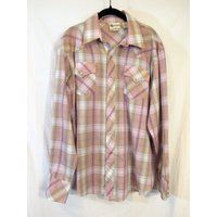 Vintage 1970S? Rare Dan River Westerns Men's Plaid Western Snap Up Shirt Size 17 - 35 Chest 48"" Peach/Pink/Purple/Tan With Wheat Weave | Etsy (US)