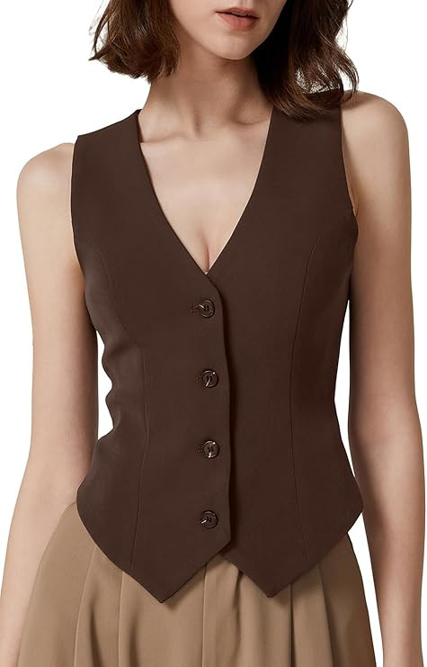 QINSEN Womens V Neck Vest Top Sleeveless Button Down Fully Lined Solid Going Out Crop Tops | Amazon (US)