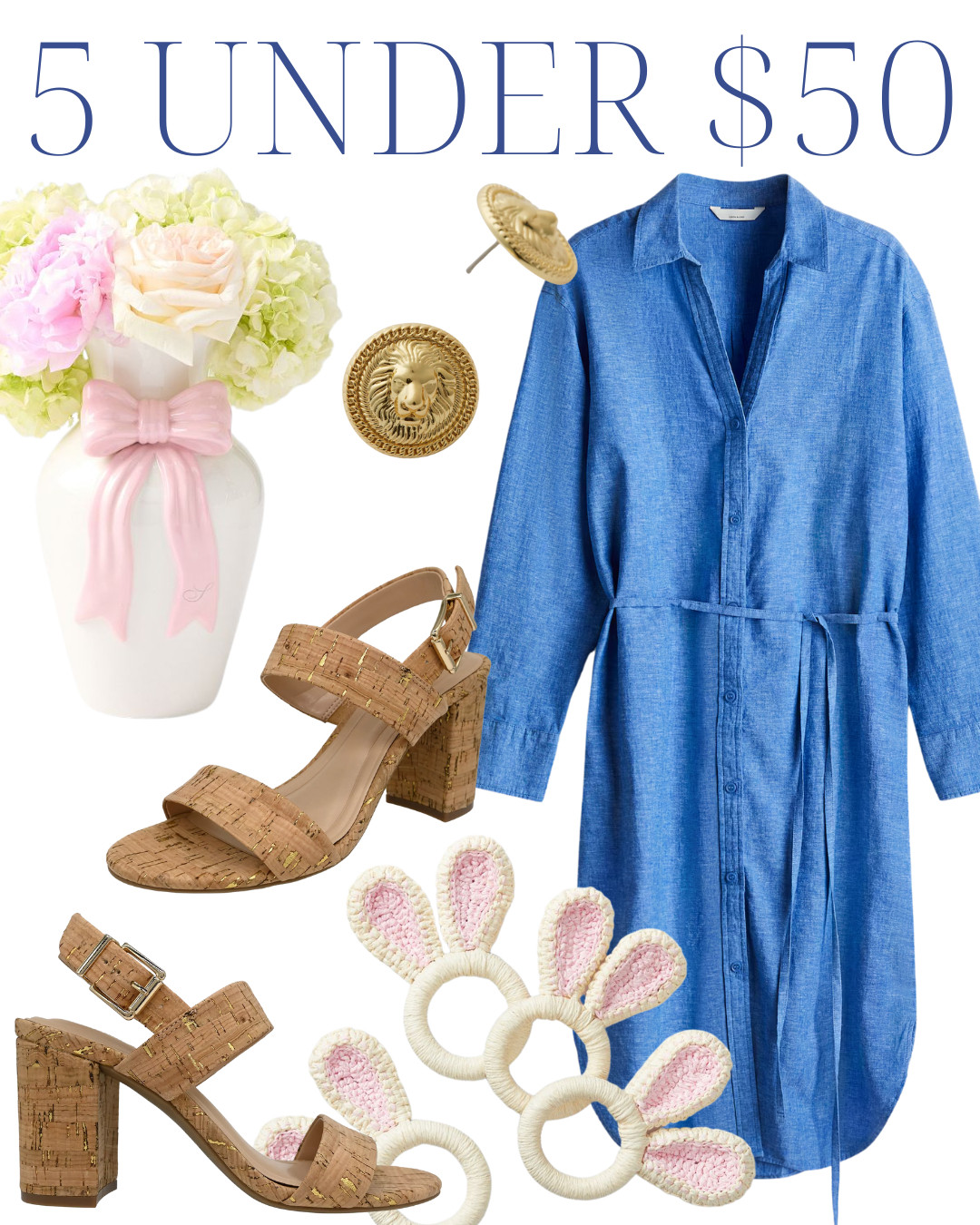 blue linen dress, cork and gold heels, woven bunny napkin rings, gold statement earrings, bow vase 

 #LTKSeasonal #LTKHome #LTKFindsUnder50