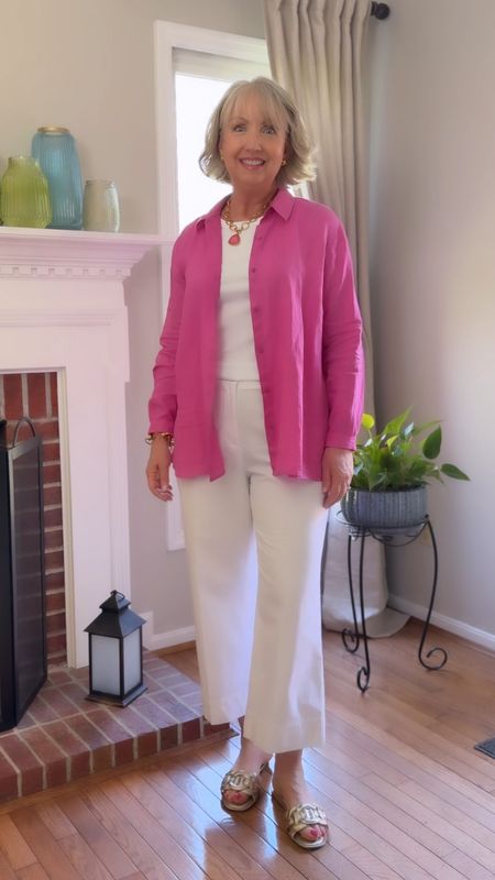 These smart white cropped pants are so soft and comfortable. They run slightly large. I’m wearing an 8 misses, whereas I frequently wear a 10 these days. They come in other colors too. The Eileen Fisher shirt runs large; sized down to a small. The JJill jacket runs large; sized down to a small  

#LTKmidsize #LTKSeasonal #LTKover40