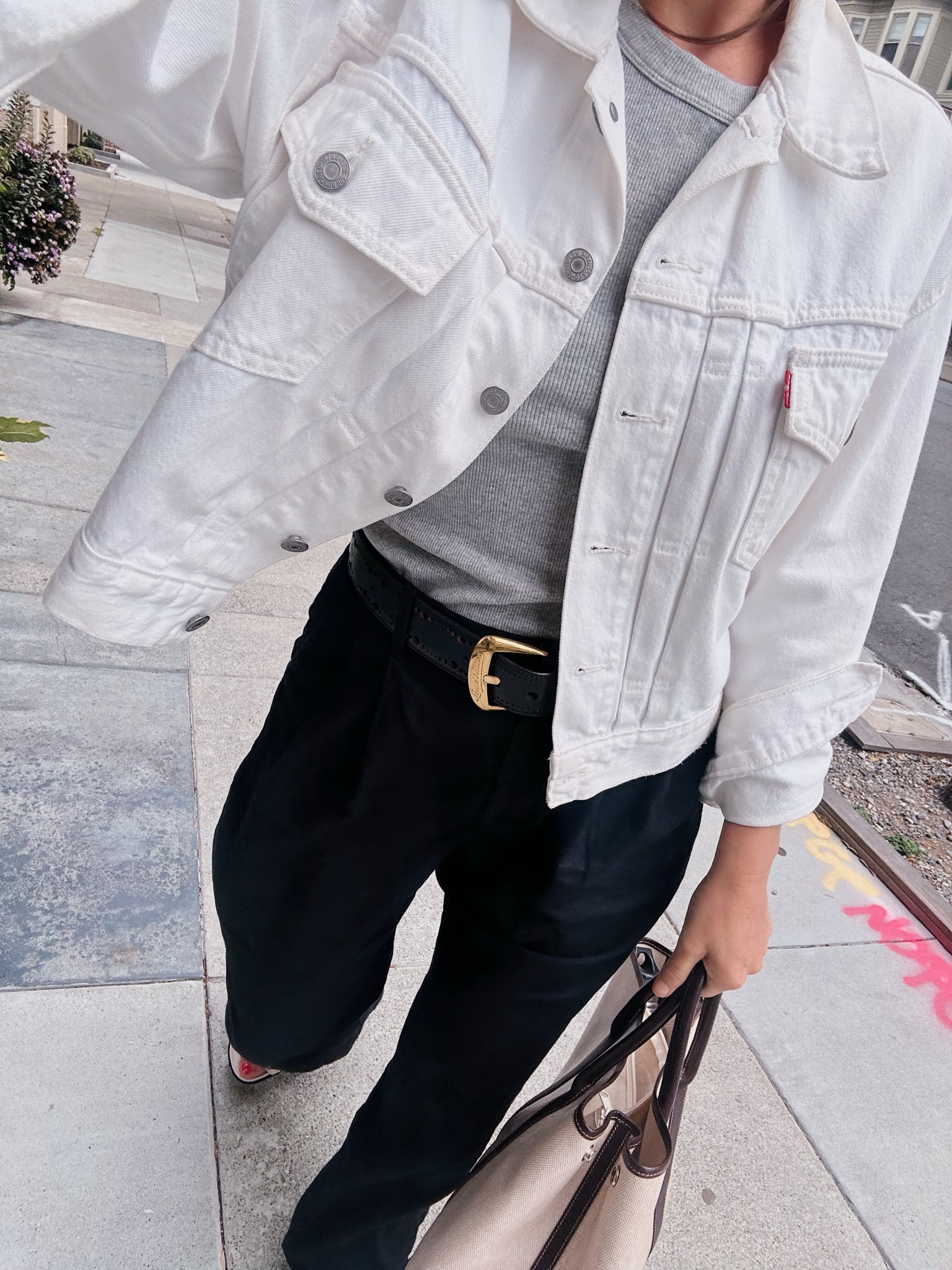 Easy transitional outfit. White denim jacket, grey tank and wide leg linen pants. 

Gap pants, white denim jacket, vintage belt, Hermes tote, classic look, levi’s jackett 

#LTKSeasonal #LTKStyleTip #LTKWorkwear