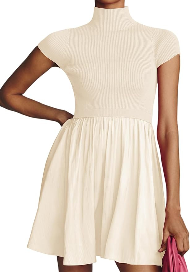 Meladyan Women’s Patchwork Mock Neck Dress Short Sleeve Pleated Knitted Swing Dress Elegant Sol... | Amazon (US)