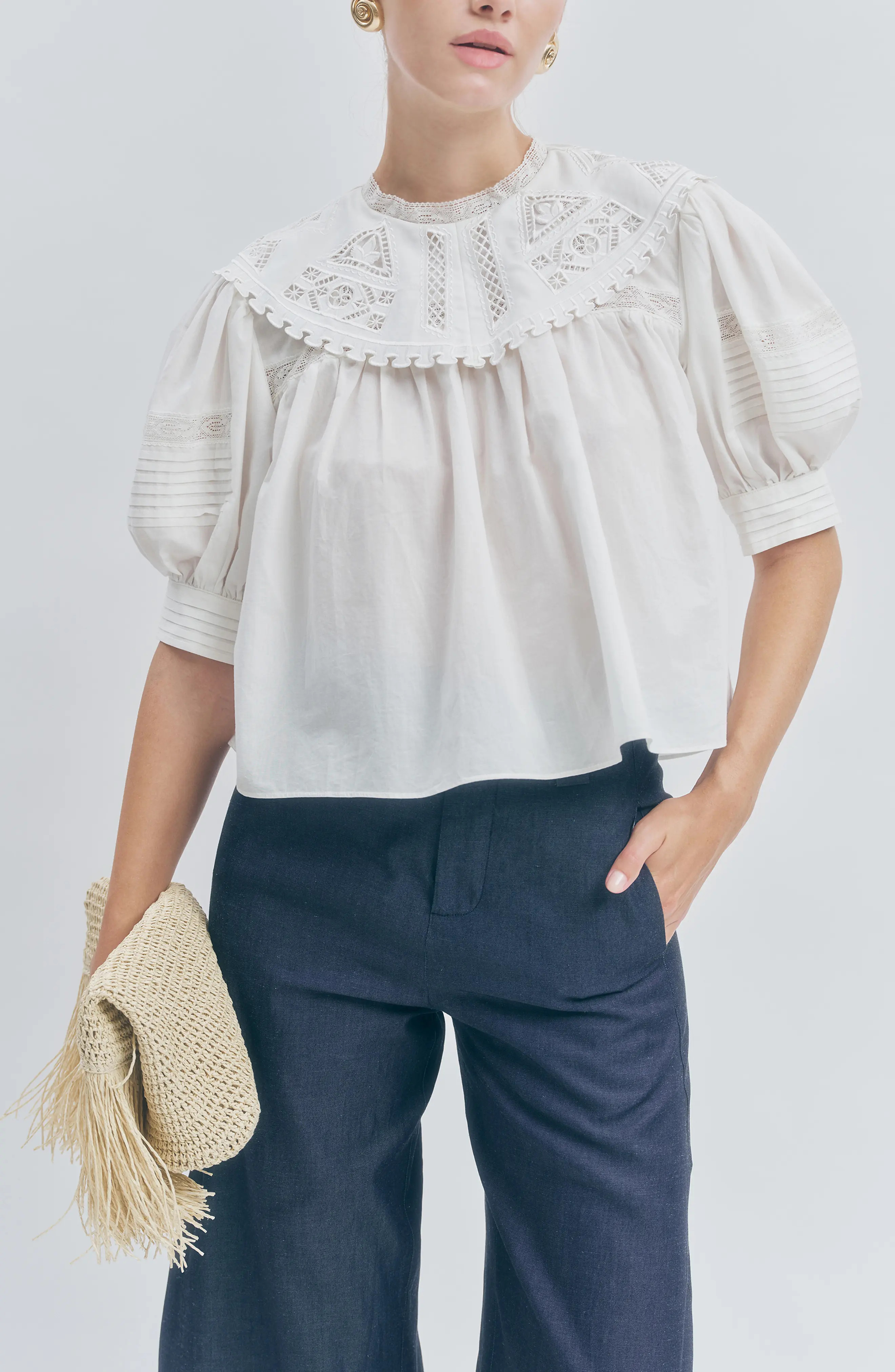 MAUDE CLUB Ariel Oversized Collar Cotton Top in White at Nordstrom, Size Small | Nordstrom
