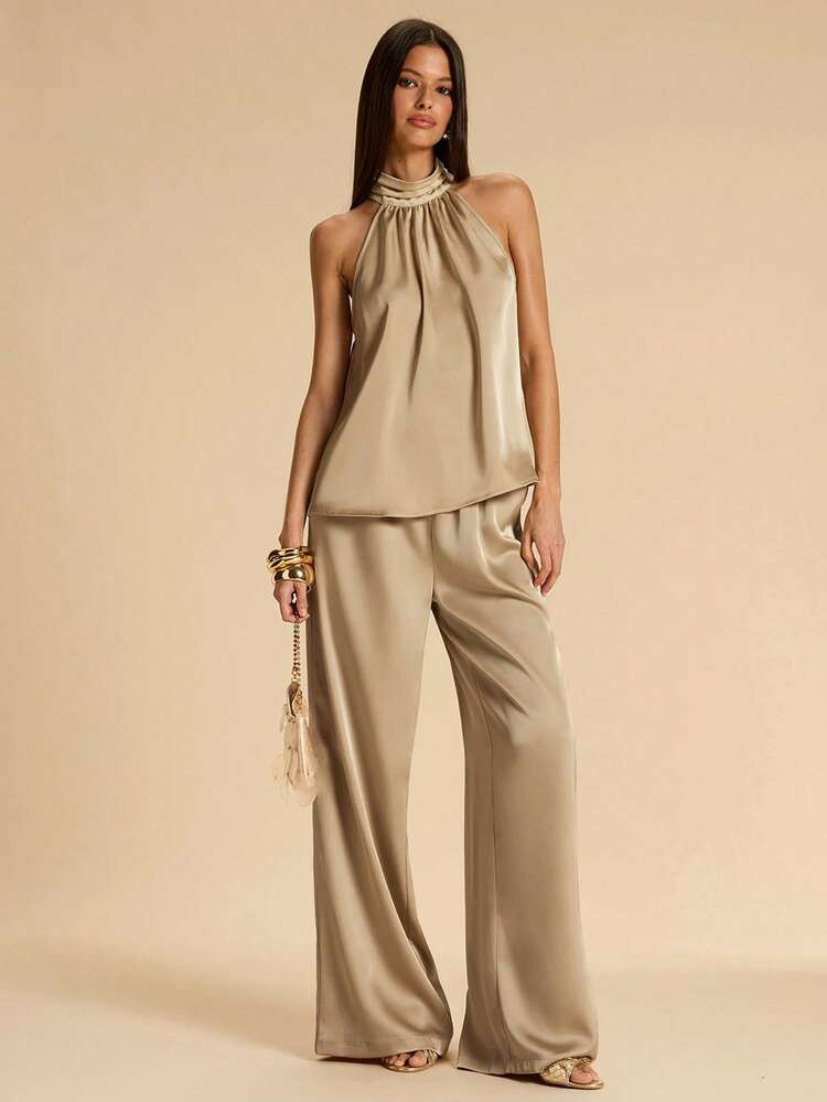 SHEIN BAE Solid Light Khaki Halter Neck Top Paired With Satin Pants Women's Satin 2-Piece Set, El... | SHEIN