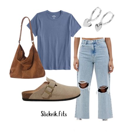 Relaxed mom fit. Birkenstock shoes. Affordable fashion. Slouchy brown bag. Perfect fitted T-shirt. Silver heart earrings. Park mom outfit. Travel outfit