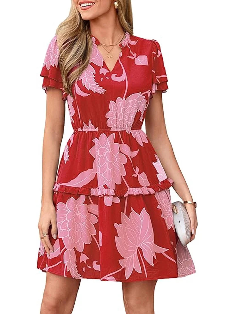 PRETTYGARDEN Womens Summer Floral Mini Dress Trendy Ruffle Short Sleeve V Neck Flowy A Line Short... | Walmart (US)