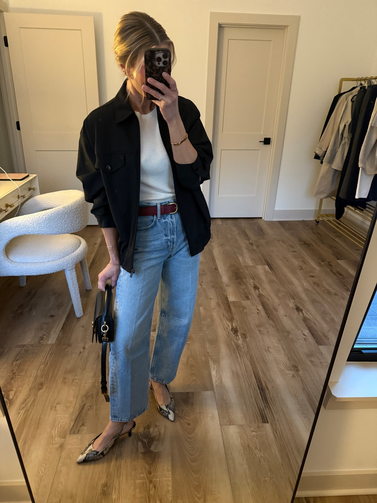 Small tee, small jacket, 24 jeans (run big), small belt, heels tts

#LTKOver40 #LTKootd #LTKgrwm