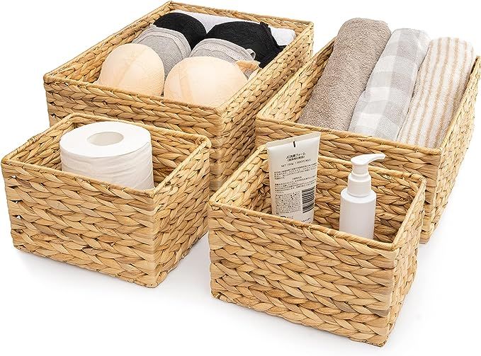 Water Hyacinth Storage Baskets for Shelves Rectangular Wicker Basket for Organizing Bins for Pant... | Amazon (US)