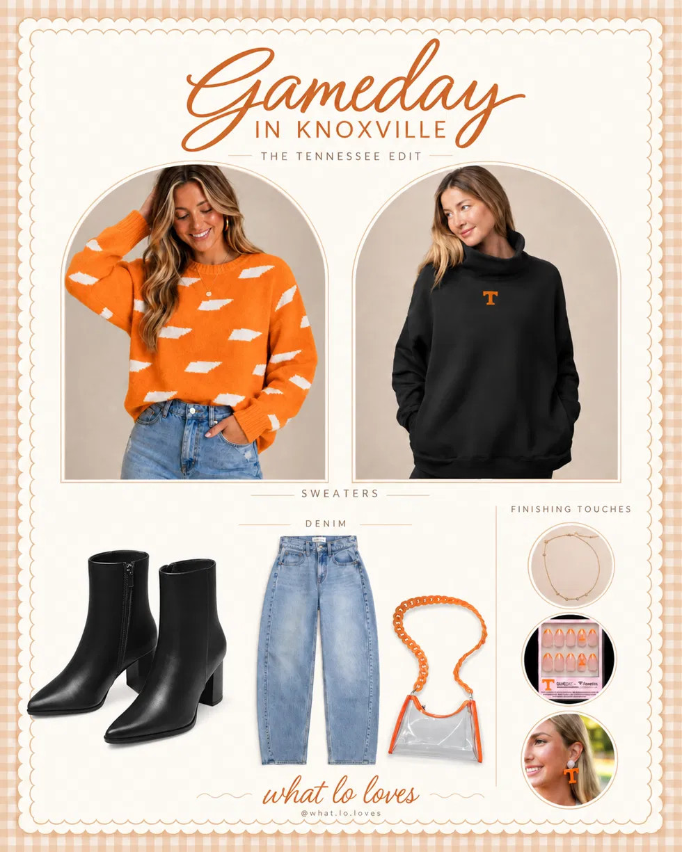 gameday in knoxville 🧡 my go-to formula: a cozy Tennessee sweater, barrel jeans, black booties and a few orange accessories. linked the jeans, nails and a clear stadium bag here, and every piece (sweaters, booties, necklace + earrings too) is on my ShopMy :) go vols! #gamedayoutfit #tennesseevols #falloutfits #collegegameday 

 