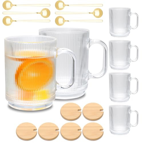 Cadamada 12 oz Glass Coffee Mugs with Handle, Classic Vertical Stripes Glass Coffee Cups, Transparent Tea Cup for Beverages, Latte,Glassware Set for Americano, Cappuccino,Hot Milk,6 Pack | Amazon (US)