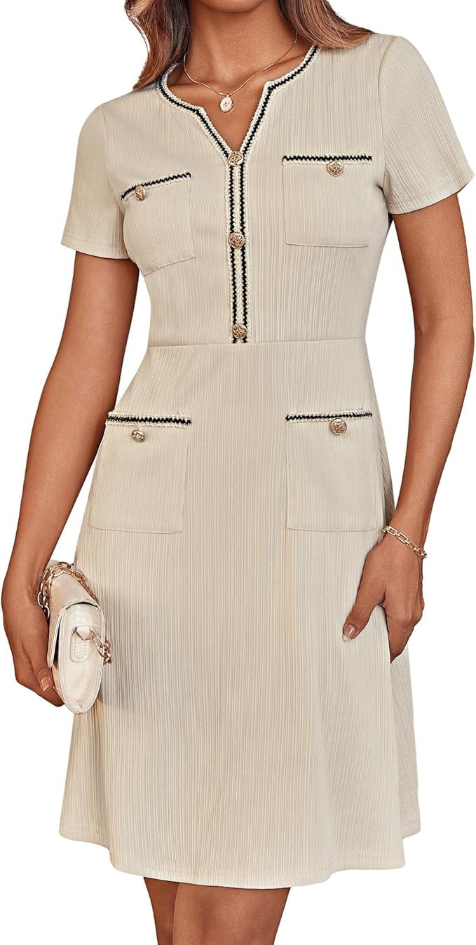 GRACE KARIN Women 2025 Summer V Neck Short Sleeve Button Knit Color Block A Line Elegant Formal W... | Amazon (US)