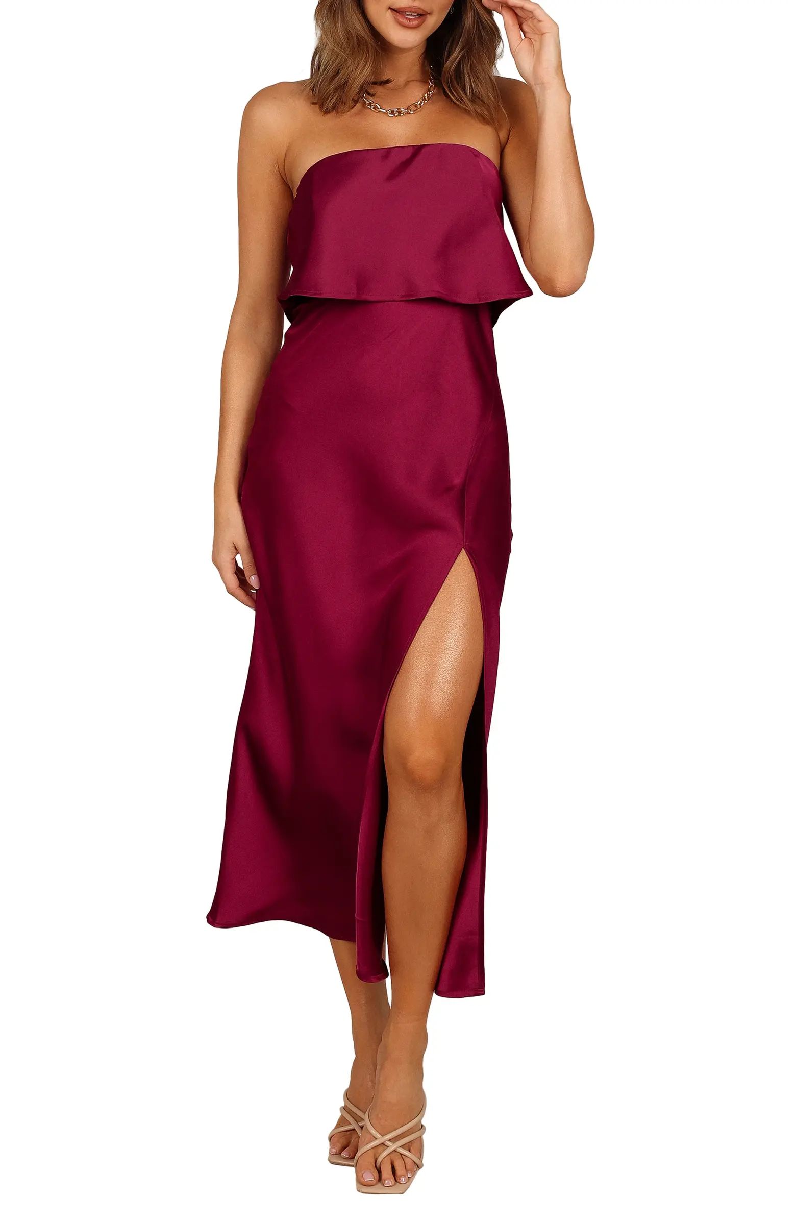 Vienna Popover Strapless Satin Midi Dress | Nordstrom