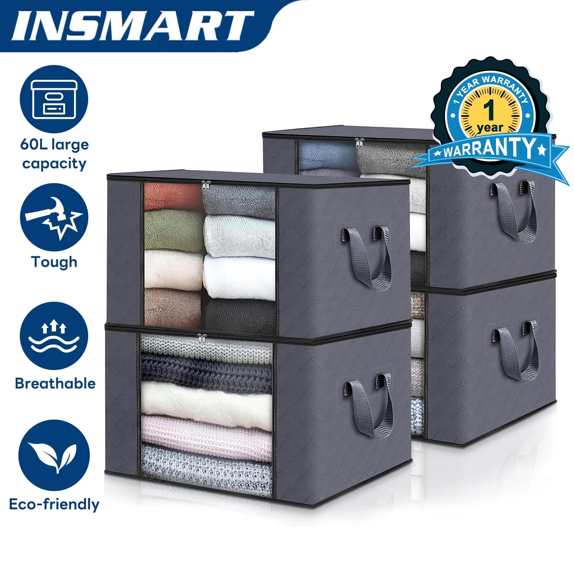 INSMART Clothes Storage Bags, Wardrobe Organizer and Storage, 4-Pack Clothes Storage Bins with Li... | Walmart (US)