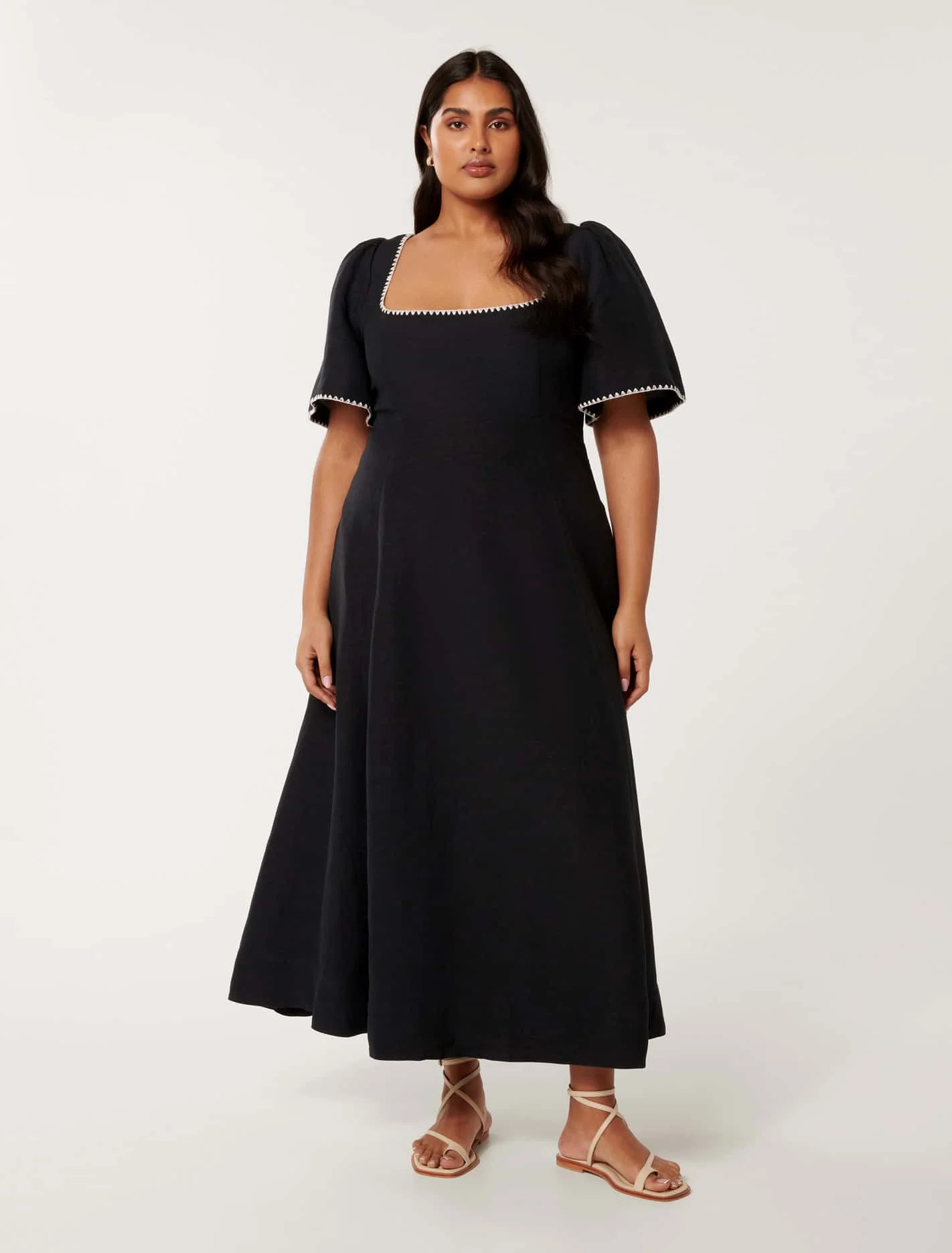 Forever New Women's Cici Curve Contrast Whip Stitch Midi Dress in Black/Ivory | Forever New (AU)