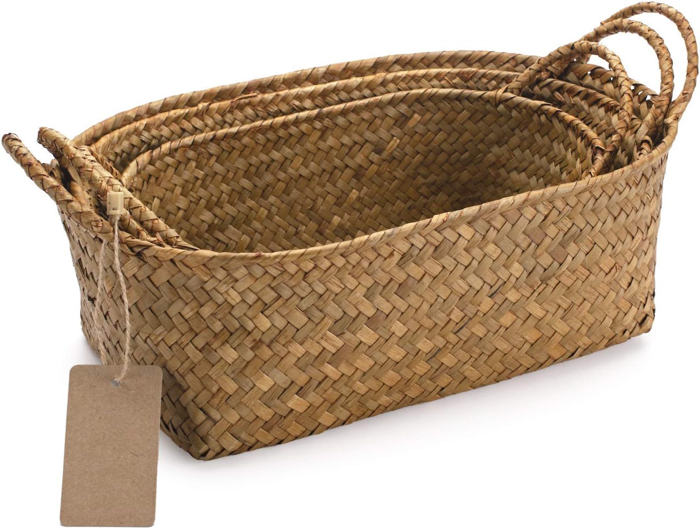 Seagrass Woven Baskets for Storage Natural Shelf Basket with Handle for Organizer Stackable Oval ... | Amazon (US)