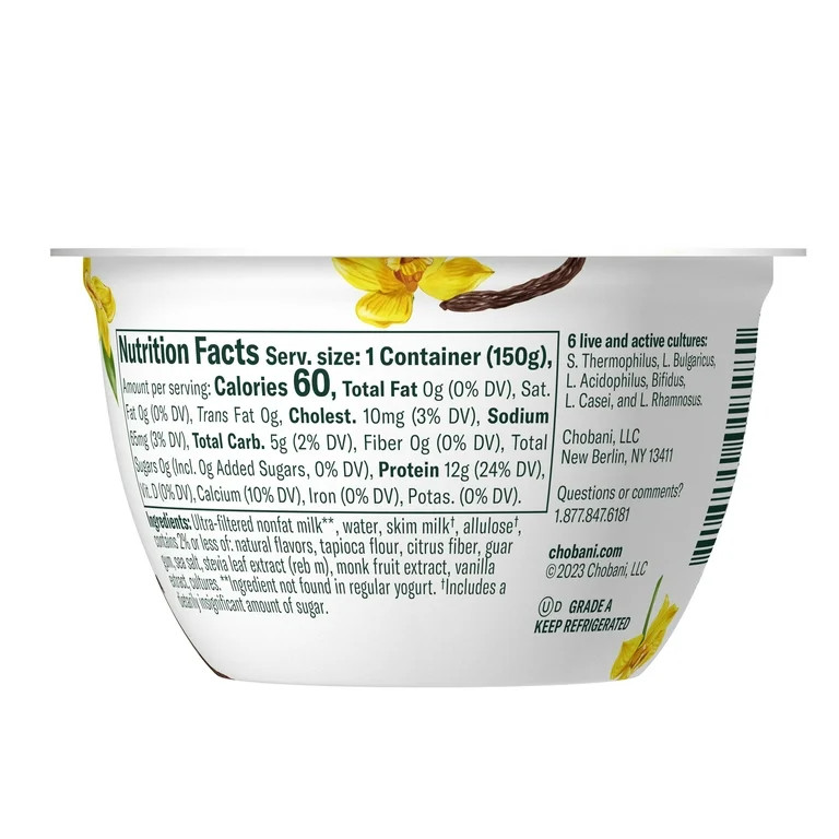 Chobani Non-Fat Greek Yogurt, Zero Sugar Vanilla 5.3 oz Cup | Walmart (US)