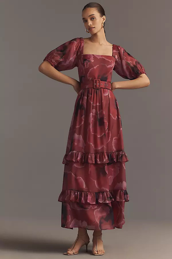 Hutch Puff-Sleeve Square-Neck Belted Tiered Ruffled Maxi Dress | Anthropologie (US)