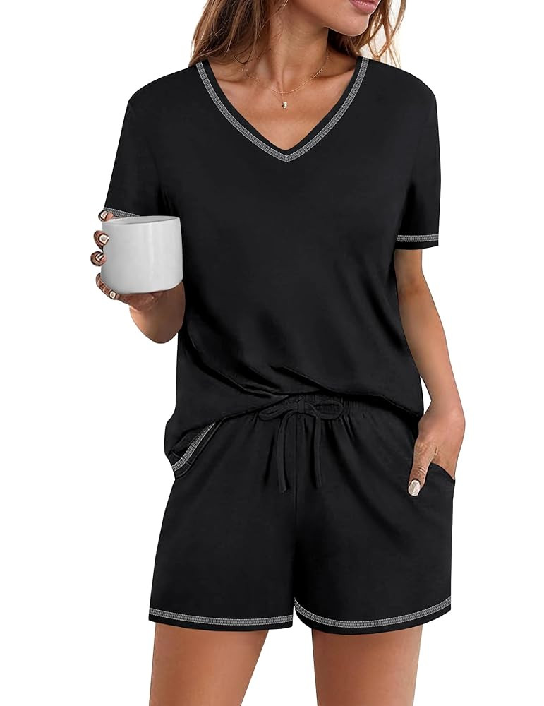 Ekouaer Womens Pajamas Sets Soft 95% Cotton Pjs Short Sleeve Lounge Sets Casual Two Piece Pjs Wit... | Amazon (US)